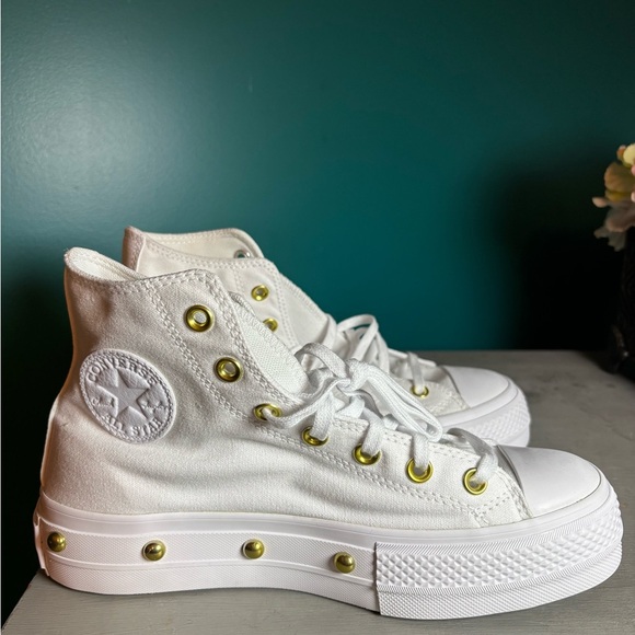 Converse Chuck Taylor Studded Platform White High-Tops with Gold Eyelets - Picture 1 of 10